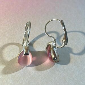 Vintage Sterling Silver Pink Cat Eye Earrings With Lock Leverback.